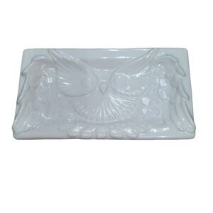 Ceramic White Glaze Owl Relief Trinket Dish Tray Farmhouse Glazed Animal whatnot